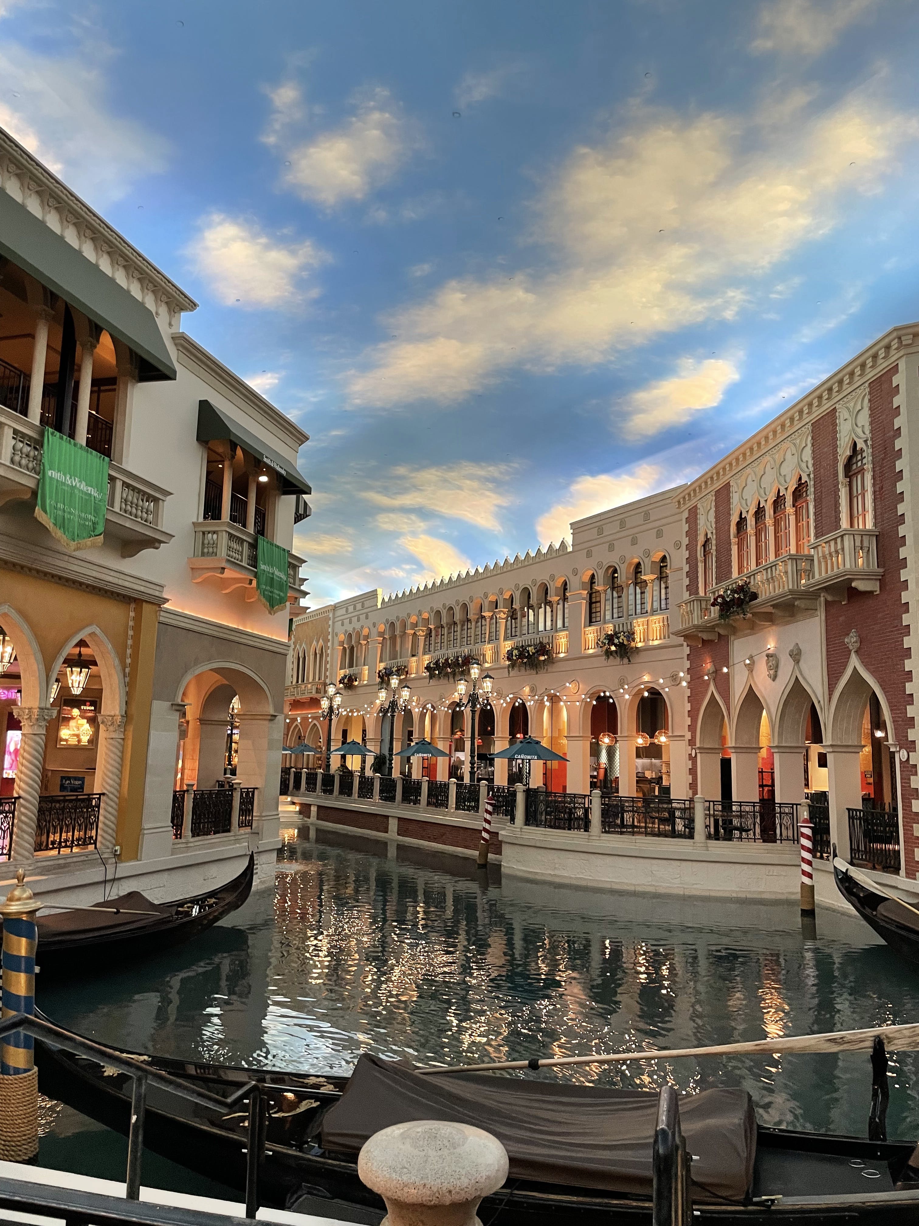 The blue sky ceiling, Renaissance architecture, and river (with real rowers!) at The Venetian hotel and casino.